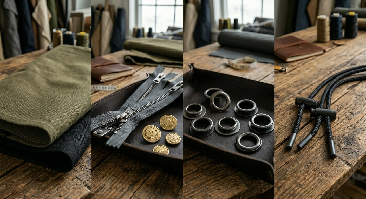 High-end outerwear heavy metal zippers, branded snap buttons, gunmetal eyelets hardware close-up