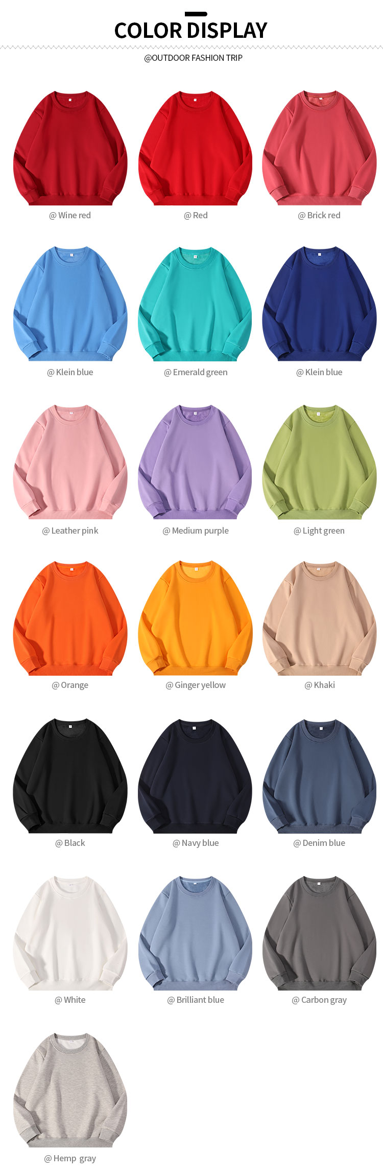 19 color options for wholesale cotton spandex crewneck sweatshirts