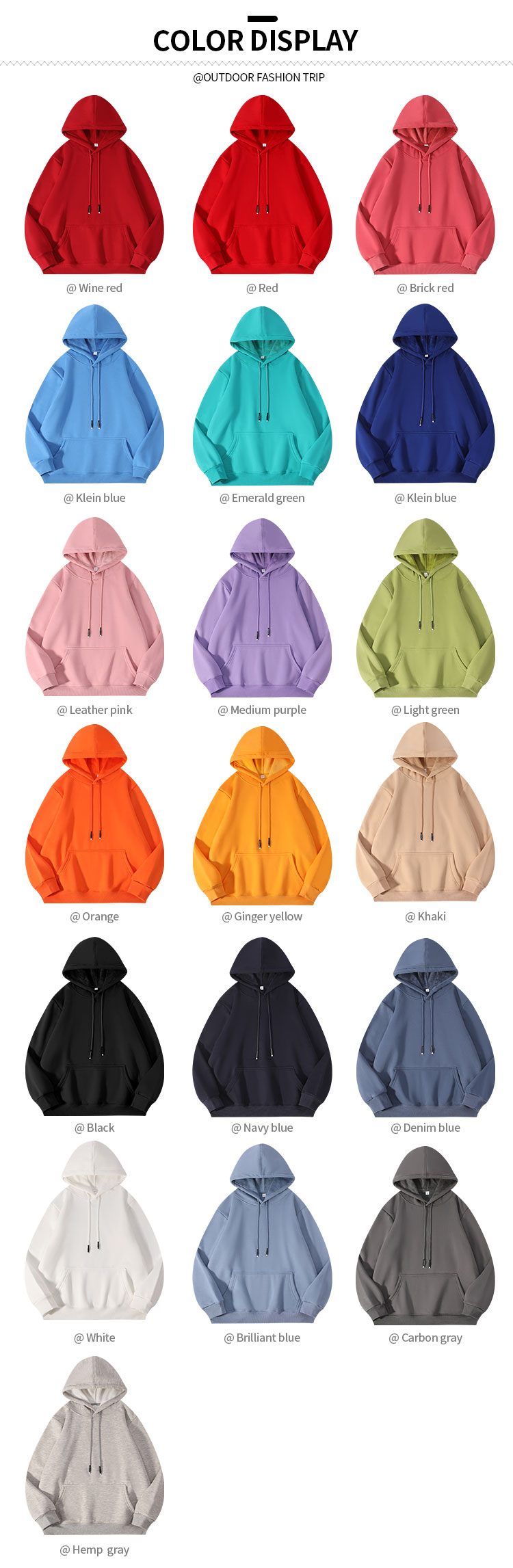 19 color options for cotton spandex wholesale sweatshirts