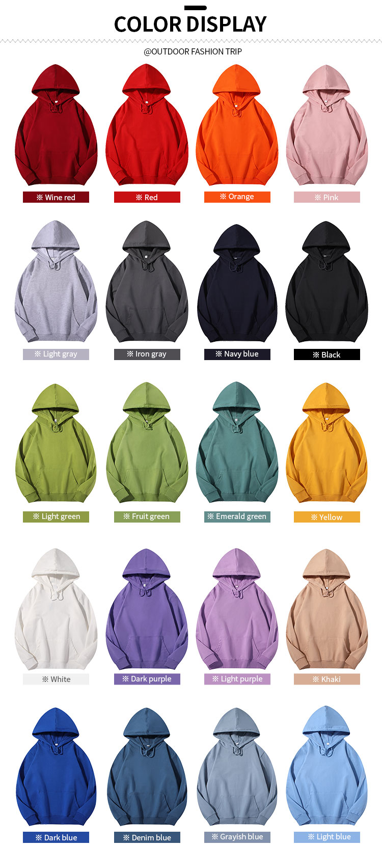 20 available colors for MX-02 cotton spandex crewneck sweatshirts