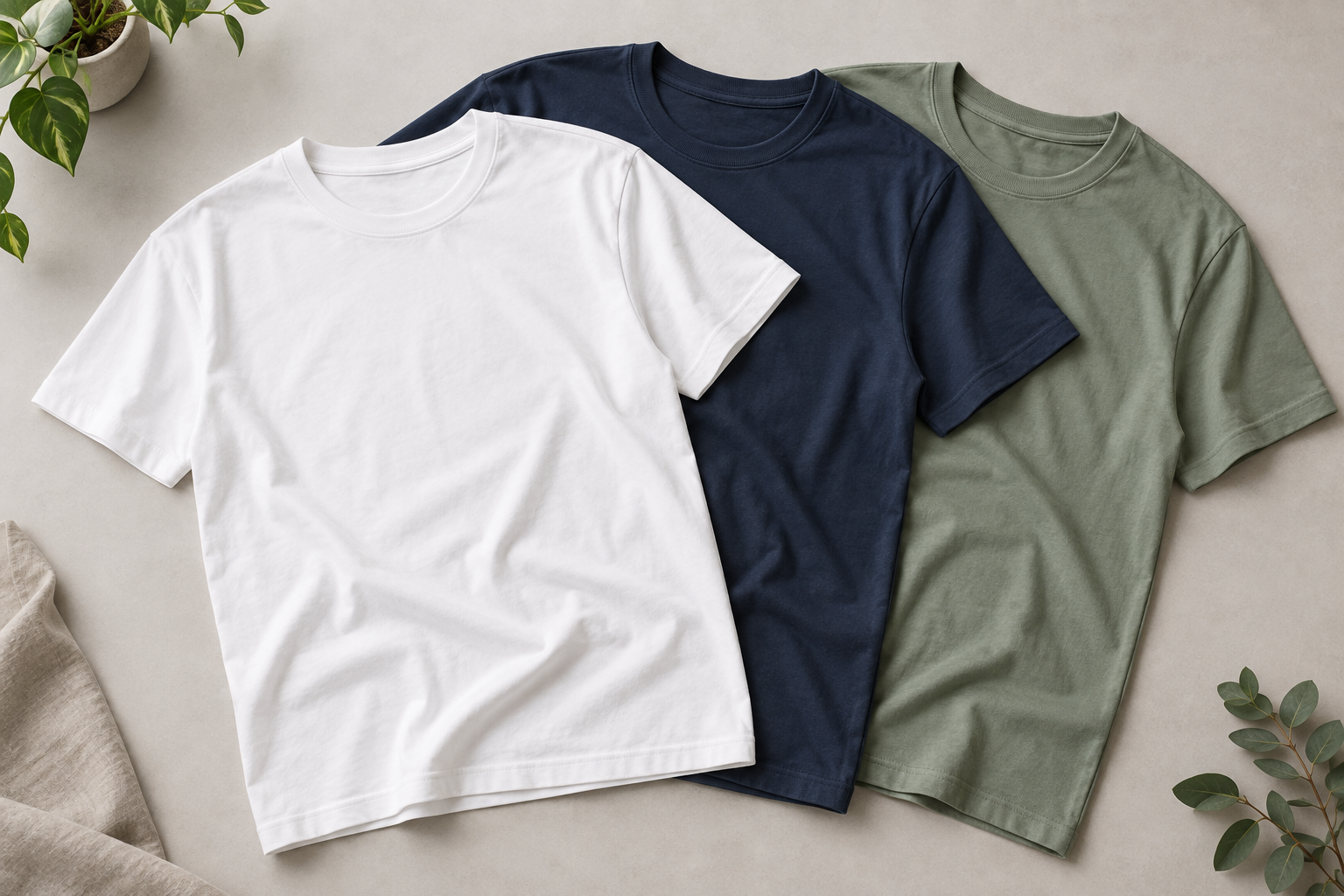 Illustration of blank white, navy and sage crewneck T-shirts for a printing project