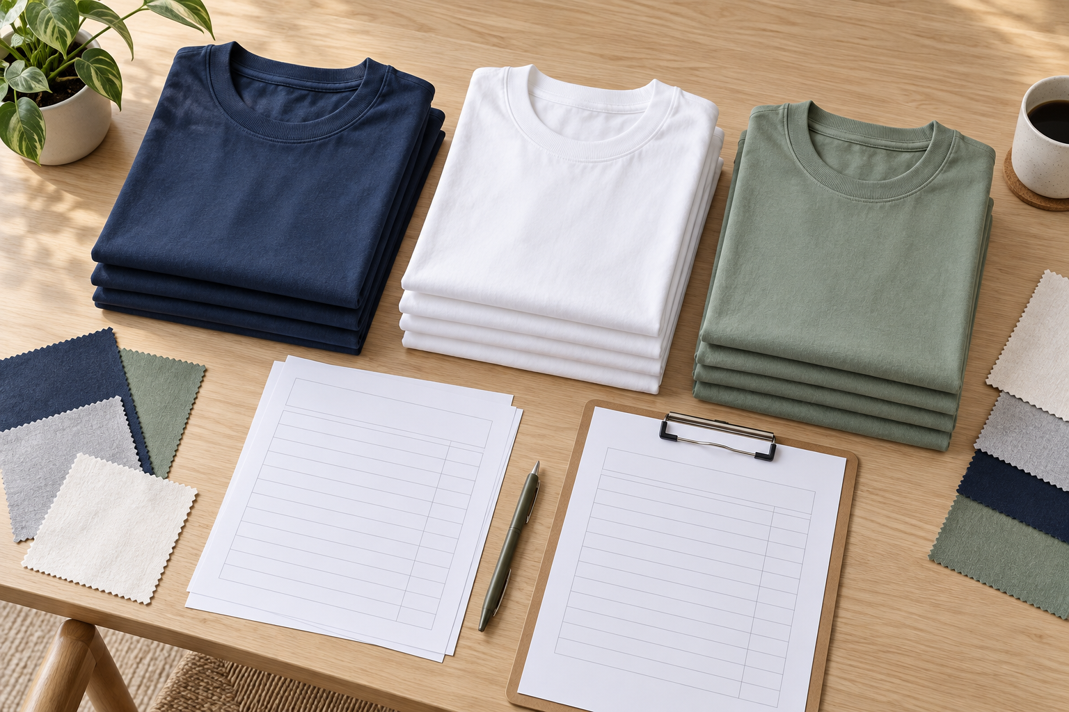 Illustration of blank T-shirt stacks, fabric swatches and order planning sheets