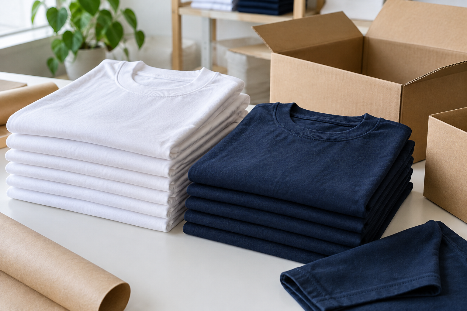 Illustration of folded white and navy T-shirts beside open cartons for a bulk order packing check