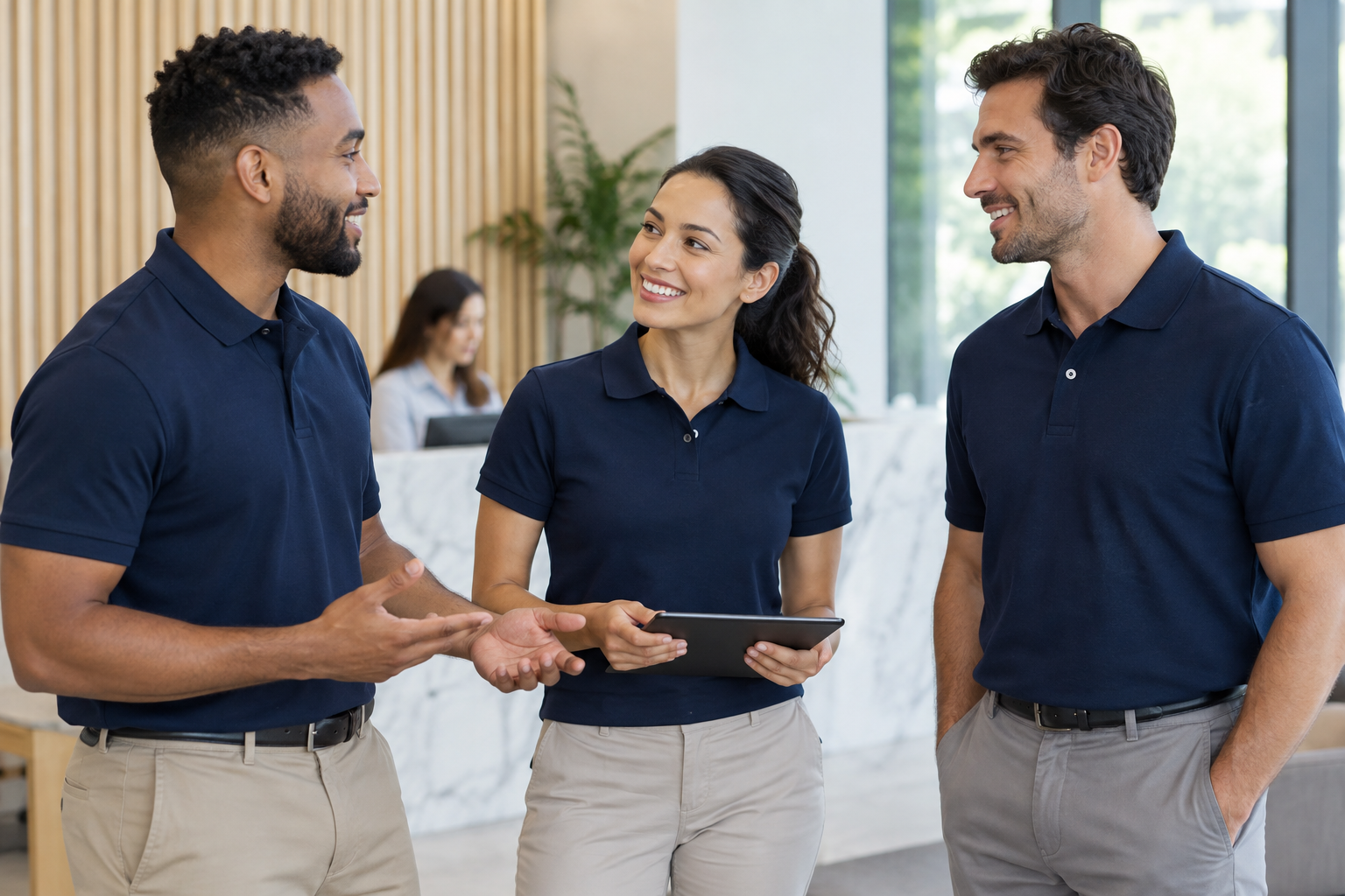 Illustration of coworkers wearing coordinated navy polo shirts in a reception area