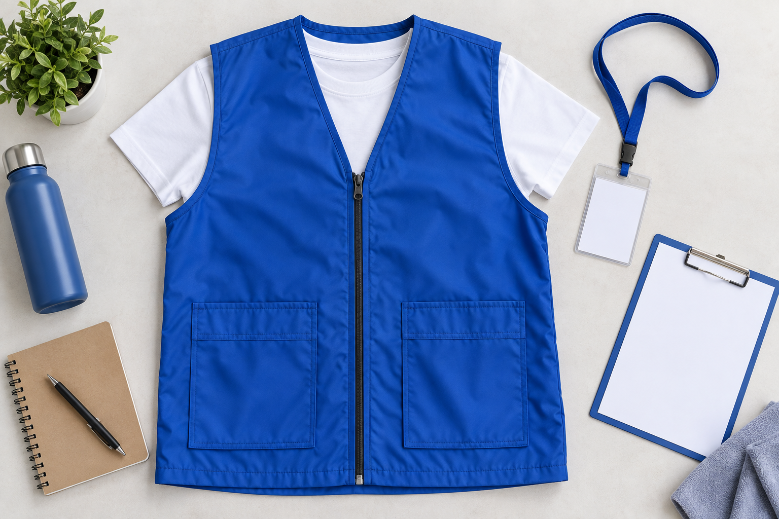 Illustration of a blue zip-front event vest with two large pockets beside a blank badge and clipboard