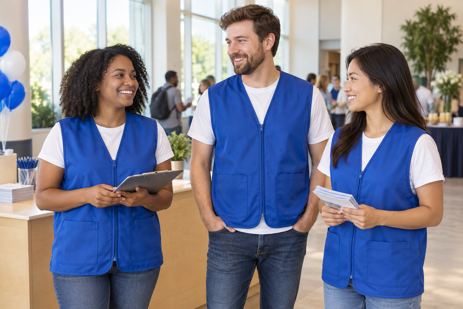 Illustration of three event volunteers wearing matching blue vests over white T-shirts