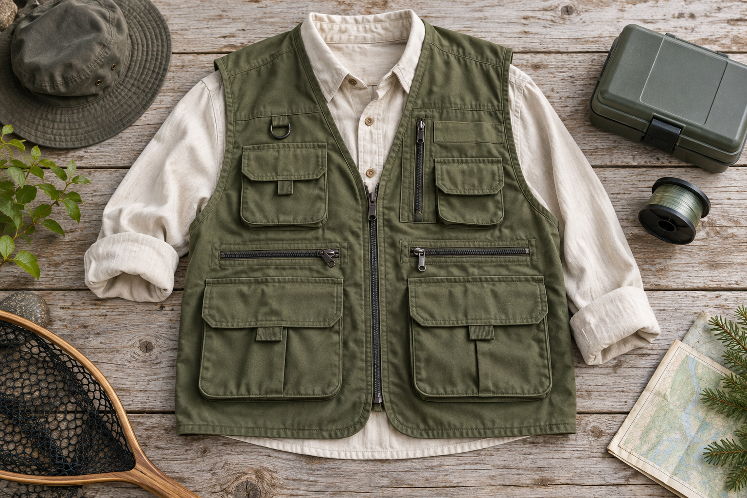 Illustration of an olive multi-pocket fishing vest layered over a shirt beside fishing accessories