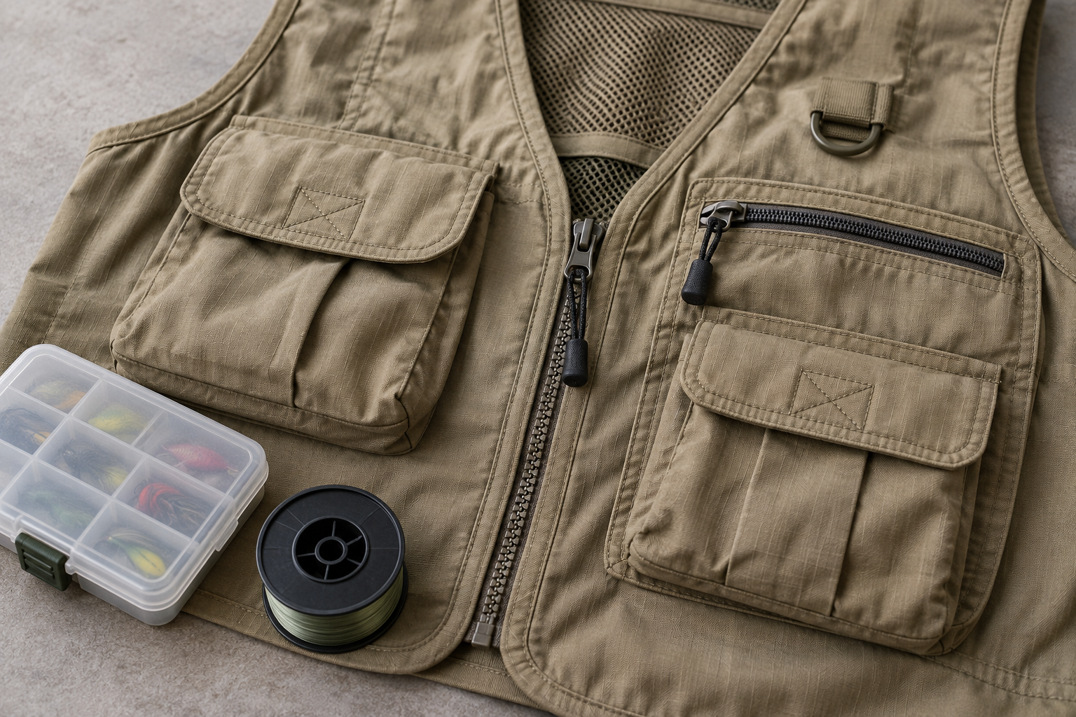 Illustration of khaki fishing vest flap and zipper pockets beside a tackle box and line spool