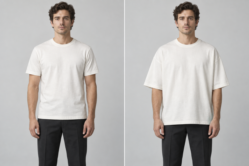 Illustration of the same model wearing a regular-fit T-shirt on the left and an oversized T-shirt on the right