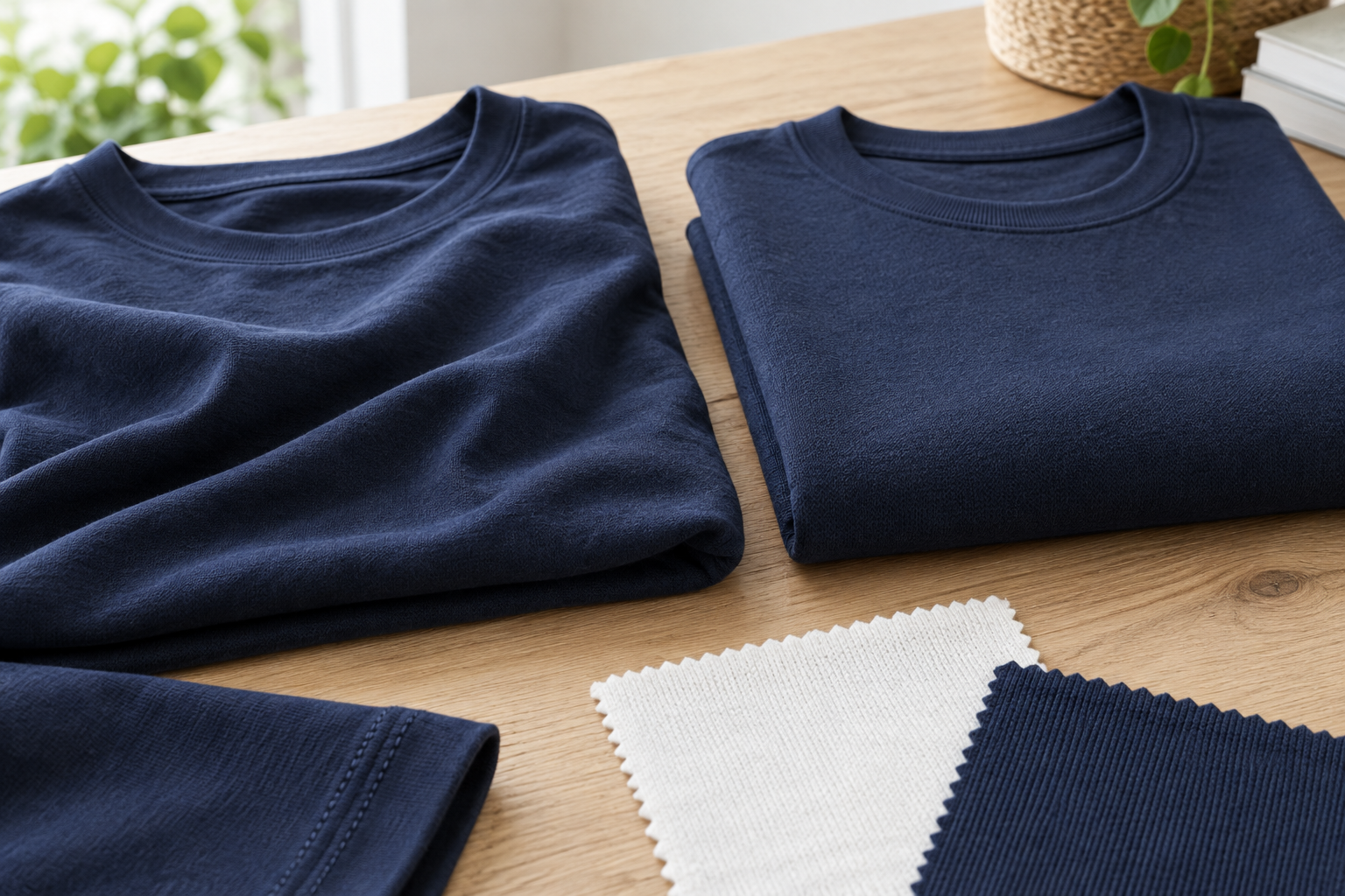 Illustration of folded navy T-shirts with contrasting fabric drape and knit swatches