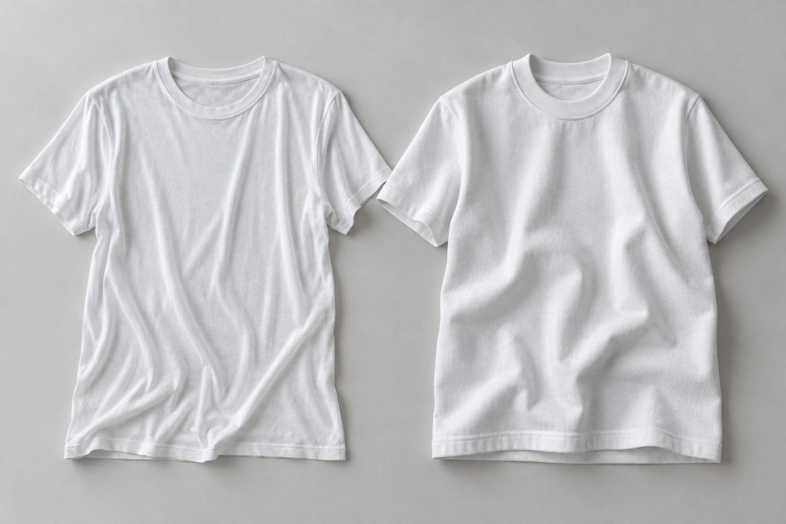Illustration of two white crewneck T-shirts showing softer and more structured drape