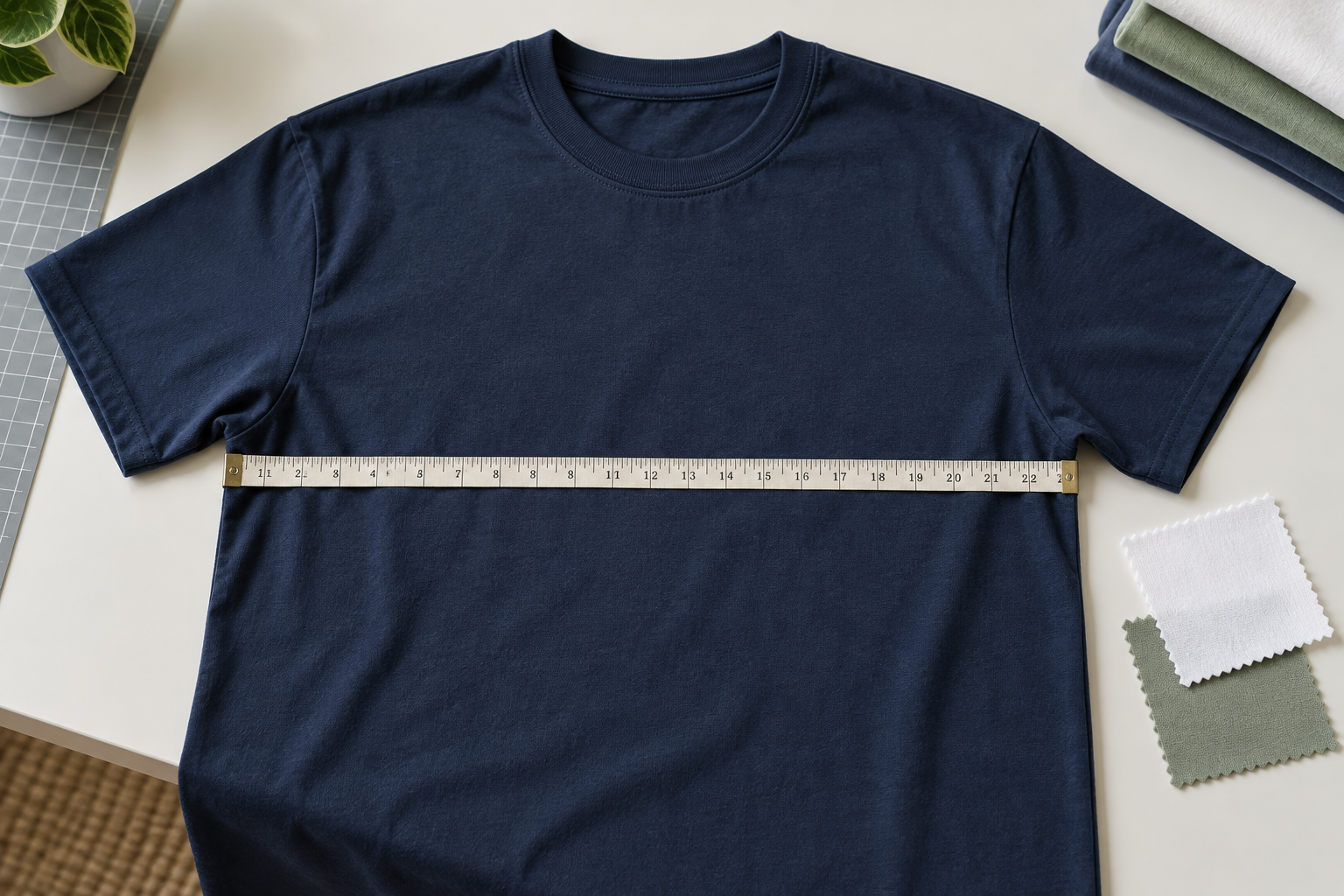 Illustration of a navy T-shirt laid flat with a measuring tape across the chest and fabric swatches