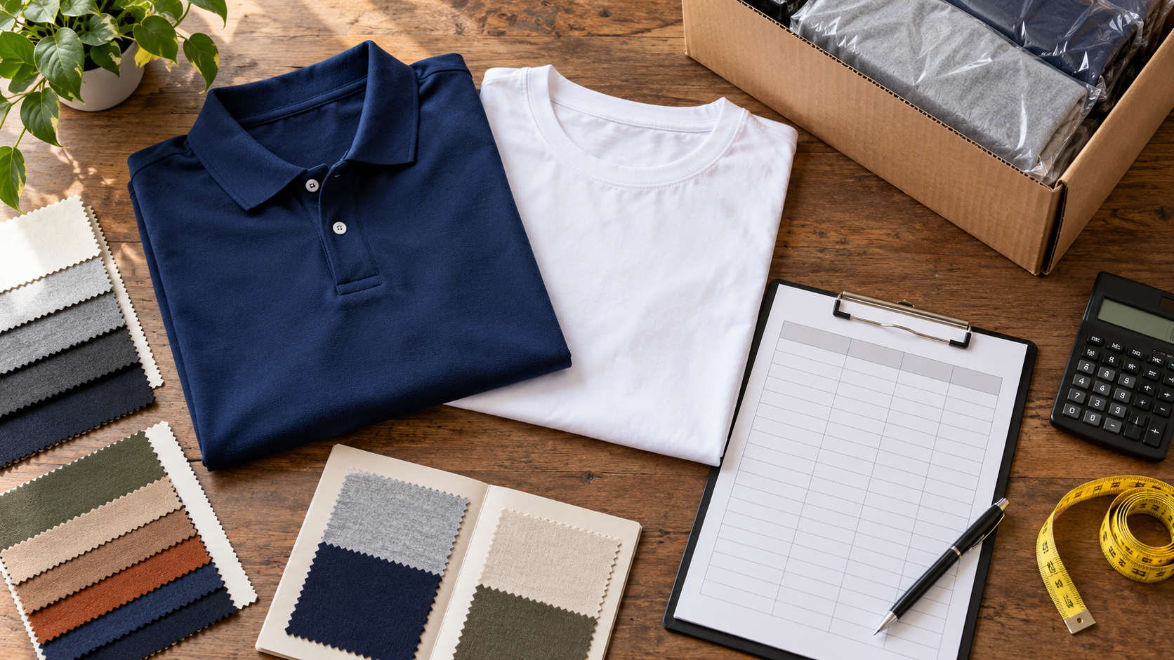 Polo and T-shirt samples beside a blank landed-cost worksheet for apparel sourcing comparison