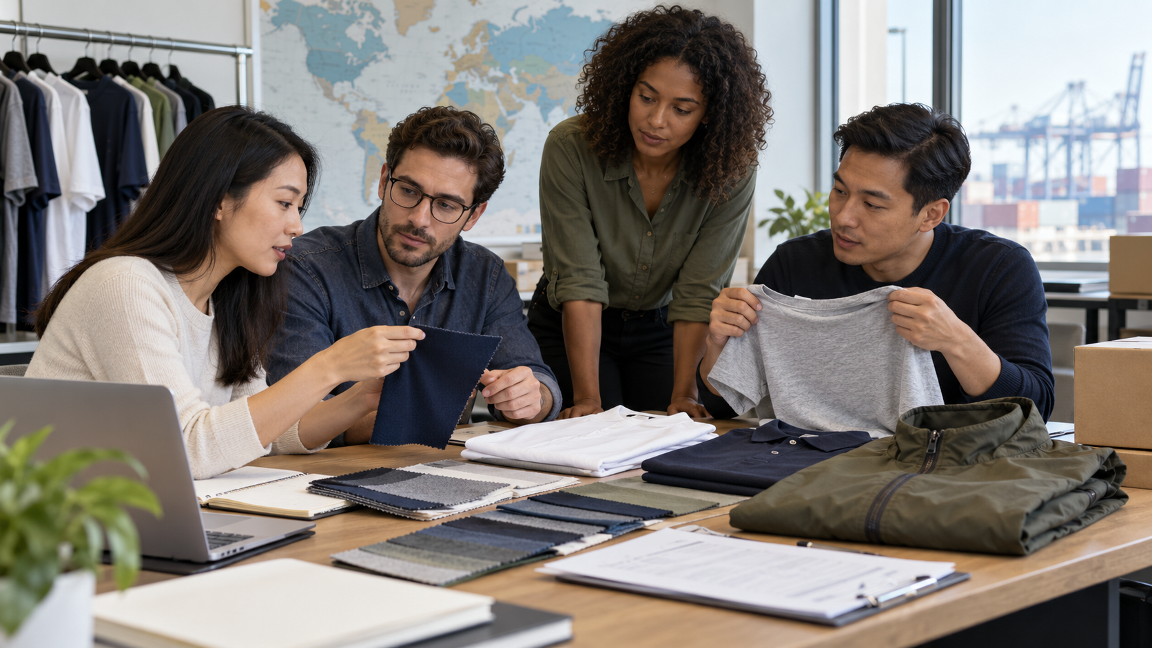 Apparel sourcing team reviewing T-shirt, polo and jacket samples for U.S. import planning