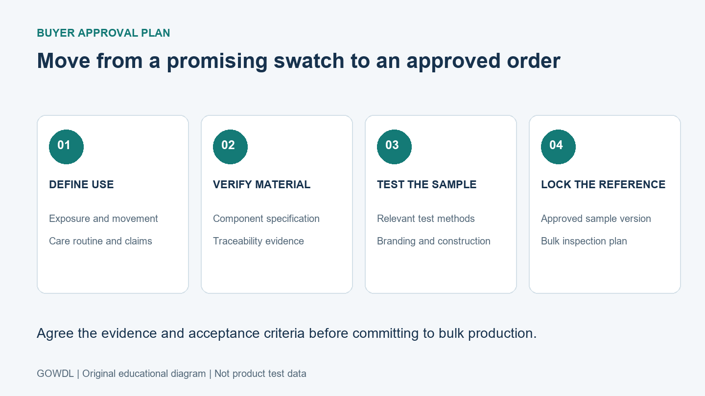 Four buyer approval stages: define use, verify material, test decorated sample, approve bulk reference