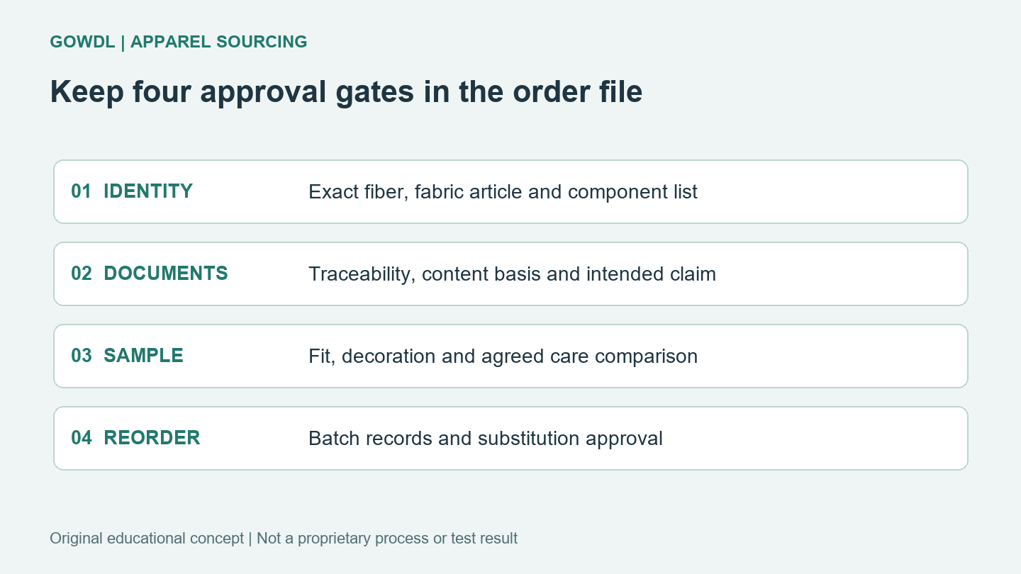 Four approval gates for recycled-content apparel: identity, documents, sample and reorder control