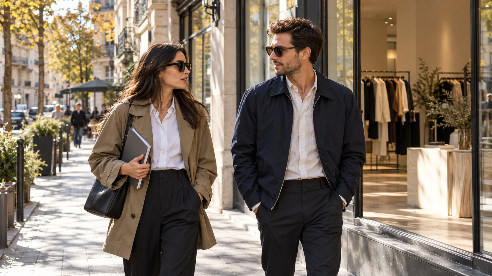 Lightweight jackets worn on a warm autumn city street